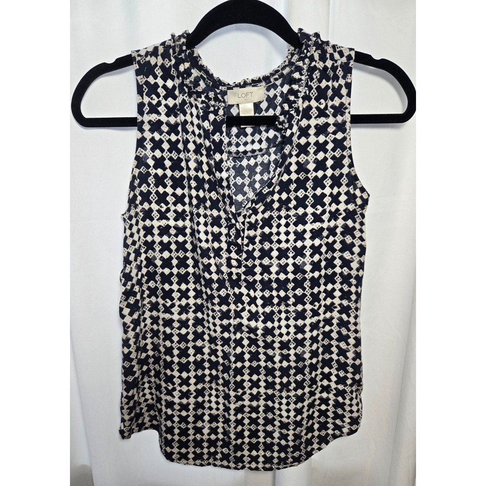 Navy White Sleeveless Blouse‎ Womens XS Lightweight Flowy Preppy Coastal Classic